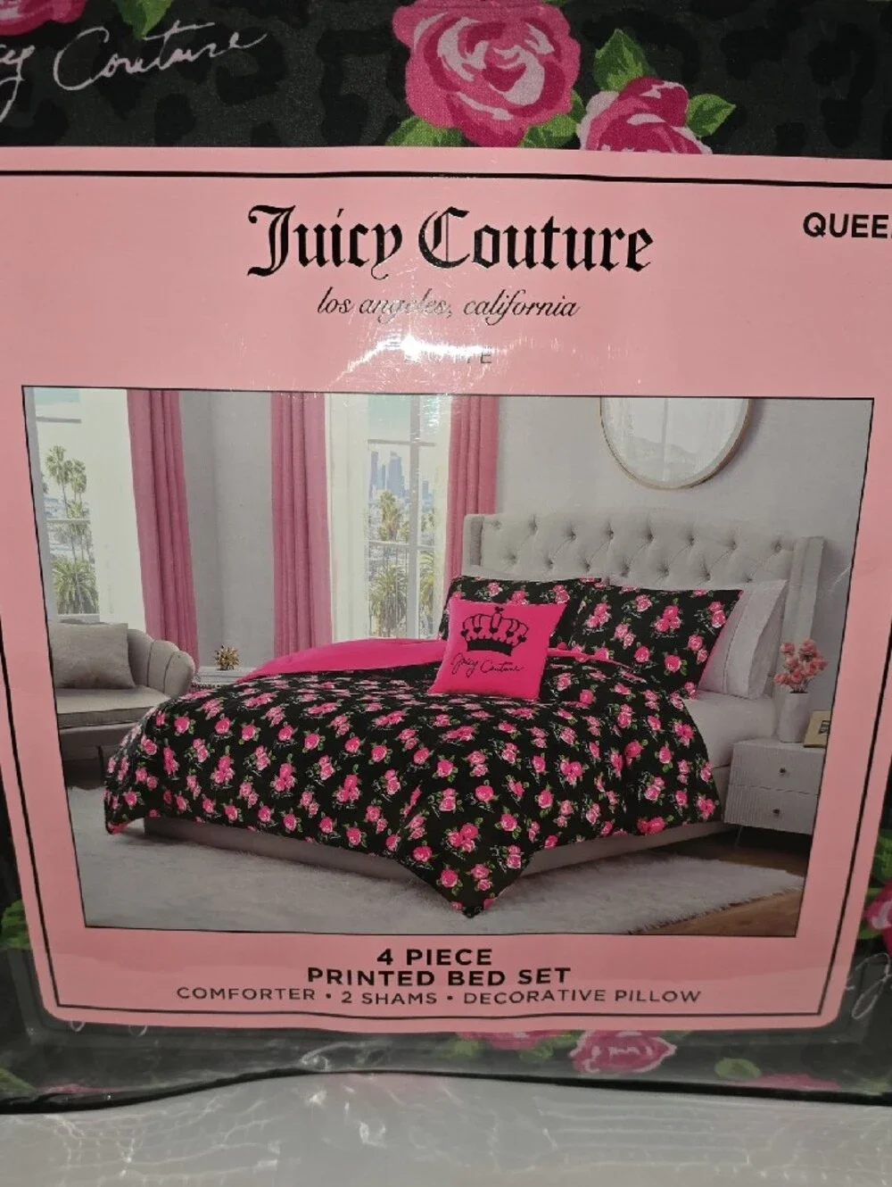 Juicy Couture Black Comforter Set with Pink Rose Print